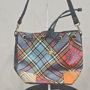 Vivienne Westwood Multicolor Plaid Tote with Black Straps and Gold Hardware